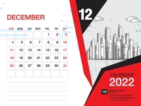 December 2022 year - Desk Calendar 2022 template, Wall calendar 2022 layout ,business template, Week starts Sunday, Stationery design, printing media, publication design vector