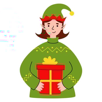 Young woman in elf hat with New Year gifts. Funny cartoon characters preparing for Christmas. Girl receiving presents. Christmas sale or Secret Santa surprises concept. Vector flat illustration.