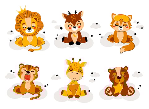 6 Cute little animals sitting on a cloud around a star. cartoon hand-drawn vector illustration. Design of children s clothes, an invitation card for a baby shower.