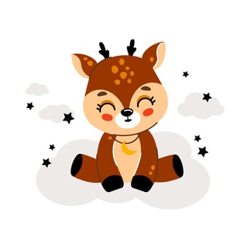 Cute little animals sitting on a cloud around a star. cartoon hand-drawn vector illustration. Design of children s clothes, an invitation card for a baby shower.