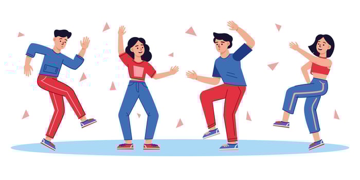 Group of young happy dancing people or male and female dancers isolated on white background. Smiling young men and women enjoying dance party. Colorful vector illustration in flat cartoon style.