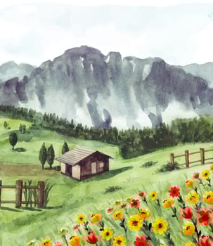 Green nature landscape with floral and house watercolor vector