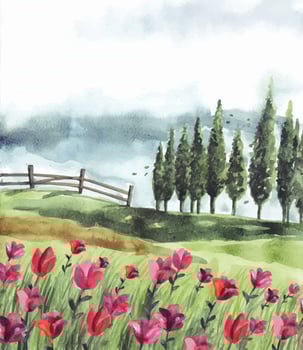 Red floral and pine trees in the garden watercolor vector