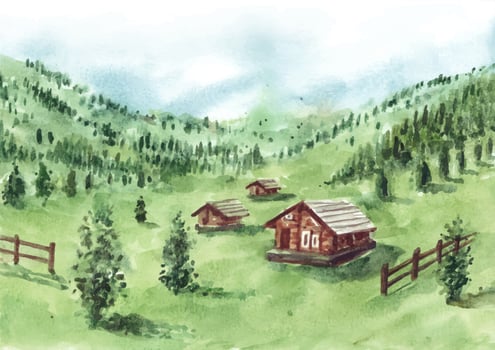 Green nature landscape with house in watercolor painting vector