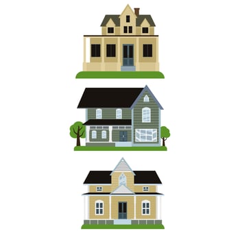 House exterior vector illustration front view with roof. Modern townhouse apartment building. House facade with doors and windows.