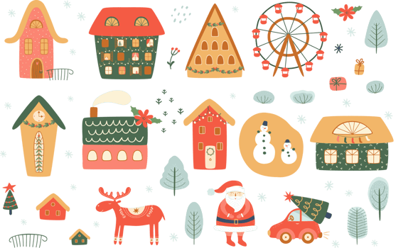 Christmas houses set. Set of isolated decorated buildings for New year and Christmas. Winter houses, Santa, deer, snowman, car. Winter holidays isolated graphic elements. Cute PNG illustration.