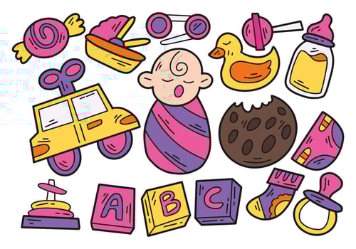 Set of Baby Accessories Doodle Color Illustration Bundle vector