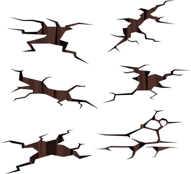 Cracks set in ground after earthquake color vector illustration. Disaster effects on asphalt road surface in cartoon style, crack damage isolated