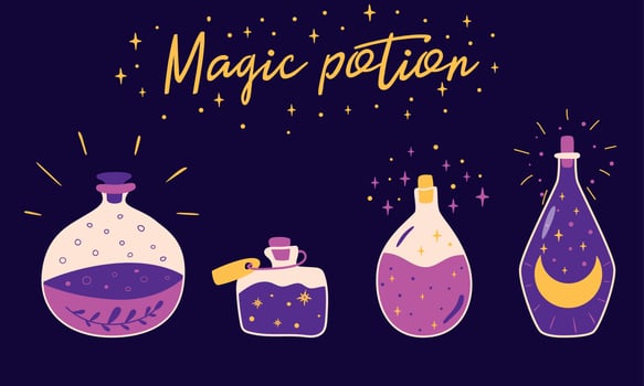 Magic potion bottles Violet bottle jar set with moon, stars, herb inside. Cute kids witchcraft elements. Greeting Card. Isolated vector illustration. Wizard collection. Halloween concept. Hand drawn.