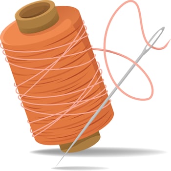 Vector illustration of a spool of orange thread and a sewing needle.