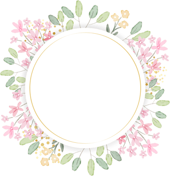 watercolor botanical hand drawing leafs wreath with tiny pink and yellow flowers golden png