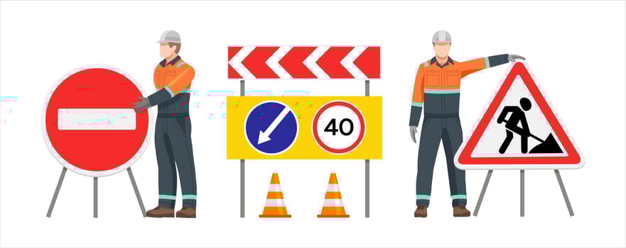 A road worker stands at a Road Works and Stop sign. Road signs. Travel ban. Road repair. Vector illustration