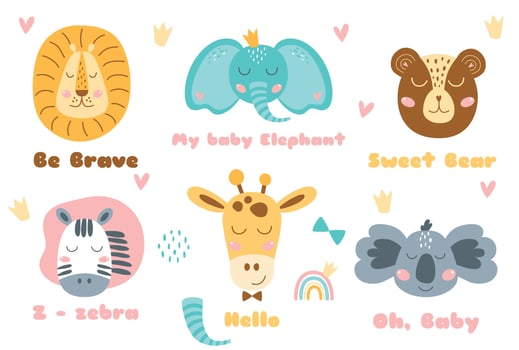 Safari animal heads set Baby animal head cute animals ant text. Zebra, bear, koala, lion, elephant, giraffe. Cartoon face animal isolated. Kids vector hand drawn illustration. Doodle child zoo prints.