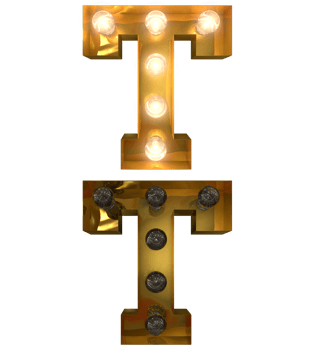 Golden Light bulb letters, typeface in ON and OFF state the character T png