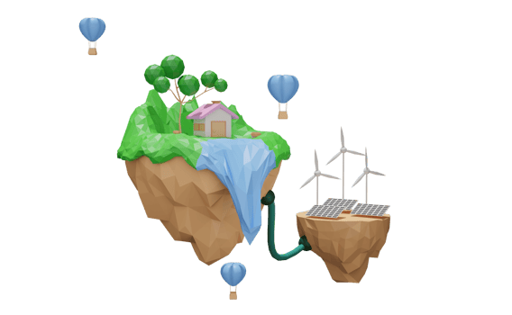 Country house uses power plant station on floating island with solar panels and wind turbines, clean energy concept, Low polygon design, 3d illustration or 3d rendering png