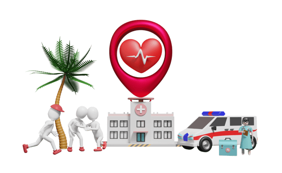 Hospital building and doctor with Stick man and red heart and pin isolated. Heart Treatment Center Concept, 3d illustration or 3d rendering png
