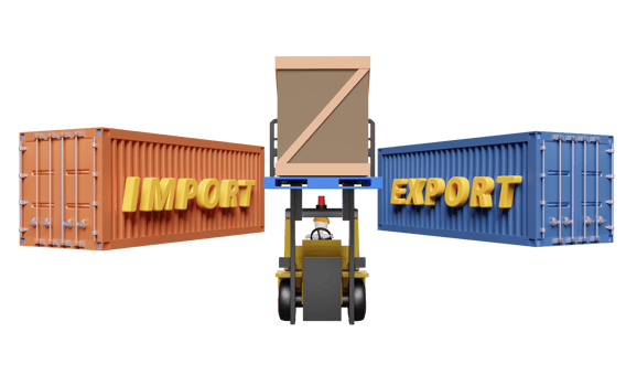 Stick man with shipping container for import export and forklift and goods and pallet, logistic service concept isolated. 3d illustration or 3d render png