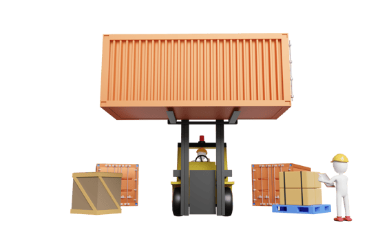 Stick man with shipping container for import export and forklift and goods and pallet, logistic service concept isolated. 3d illustration or 3d render png