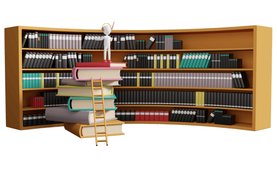 Stick man with book shelves in library, education and learning concept, 3d illustration or 3d rendering png