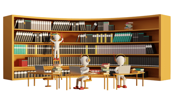 Stick man with book shelves in library, education and learning concept, 3d illustration or 3d rendering png
