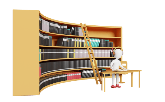 Stick man with book shelves in library, education and learning concept, 3d illustration or 3d rendering png