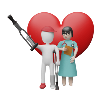 Stick man and crutches with Doctor and red heart isolated. Accident insurance concept, 3d illustration or 3d rendering png
