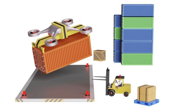 delivery drone with shipping container for import export and forklift and goods and pallet, logistic service of the future concept, 3d illustration or 3d render png