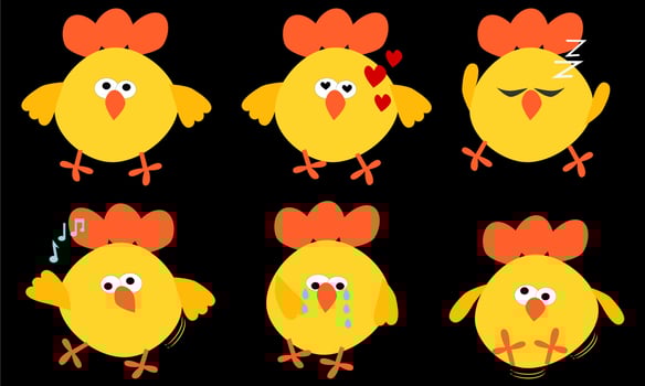 Set of cute yellow chicken cartoon action set collection in different poses character. Flat vector design on black background.
