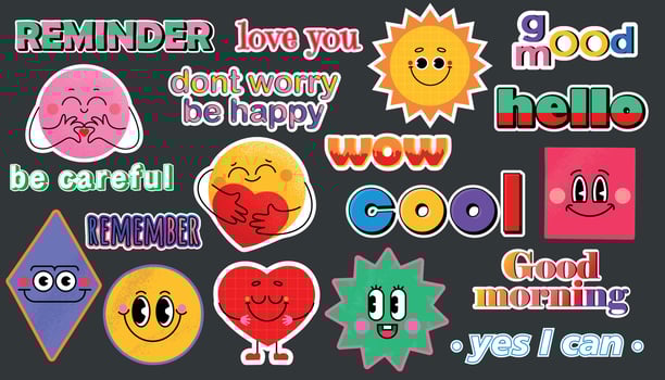 Set of different emoji, pins, stamps, stickers. Different Phrases and words. Trendy funny Vector isolated illustrations