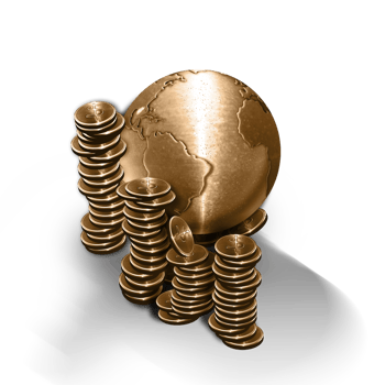 3d illustration bronze metal earth globe with coins money around it stock exchange transparent background png