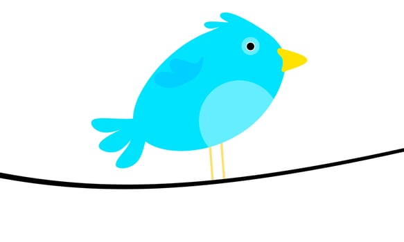 Cute blue bird sitting on cable. Concept of a bird sitting on a wire isolated on a white background. Great for children's book covers and bird web logos. Vector illustration