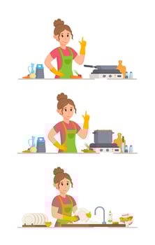 Vector illustration of housewife set. The girl, cooking, roasting, washing dishes in the kitchen.