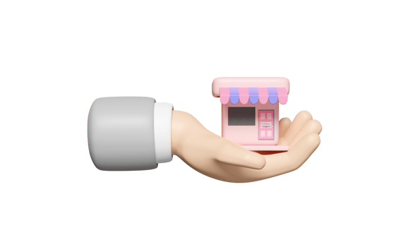 cartoon hands holding shop store front isolated. Startup franchise business or loan approval concept, 3d illustration or 3d render png