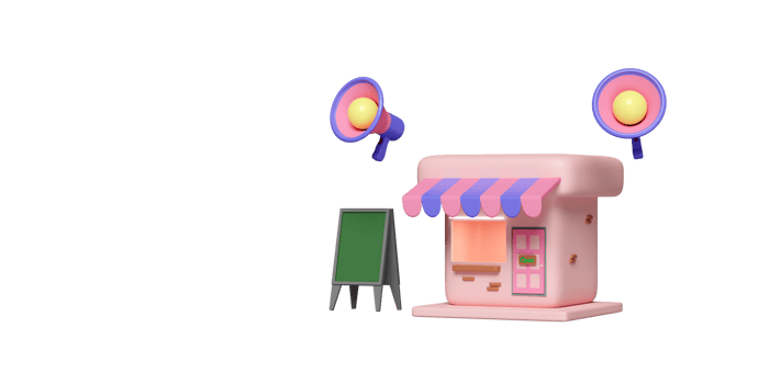 3d shop store front with megaphone, hand speaker, green sign isolated. promotion online shopping sale, startup franchise business concept, 3d render illustration png