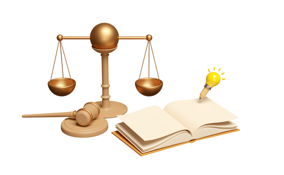 3d judge gavel, hammer auction with stand, justice scales, light bulb, pencil, open book isolated. law, justice system symbol, idea tip, 3d render illustration png