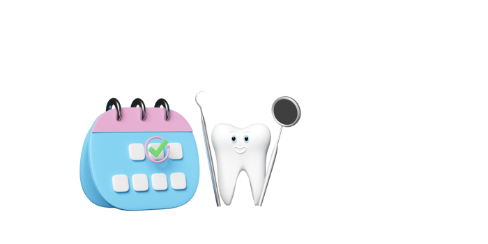 3d calendar with dental molar teeth model, marked date, dentist mirror, sickle scaler isolated. health of white teeth, dental examination of the dentist, 3d render illustration png