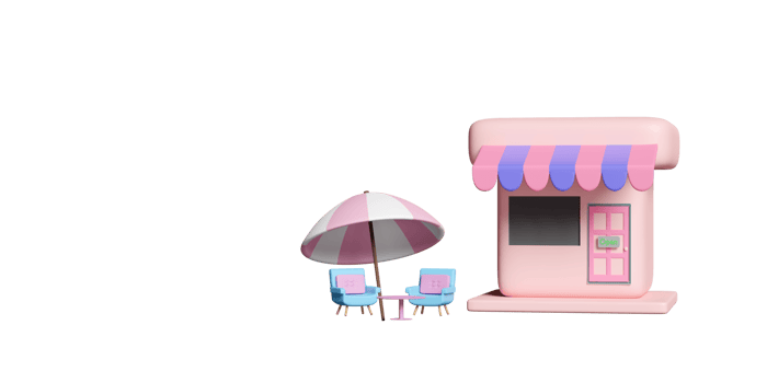 3d shop store cafe with coffee table, umbrella, sofa chair isolated. summer travel, 3d render illustration png