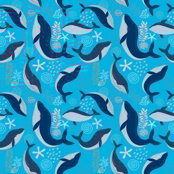 Vector seamless pattern with Blue Whale and Shell, coral, star fish, illustration abstract animal in ocean drawing on blue background for fashion fabric textiles printing, wallpaper and paper wrapping