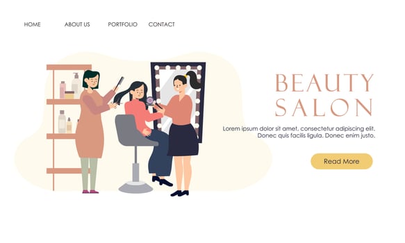 Woman in beauty salon, professional hairdresser and makeup artist people illustration. Beautiful gir vector