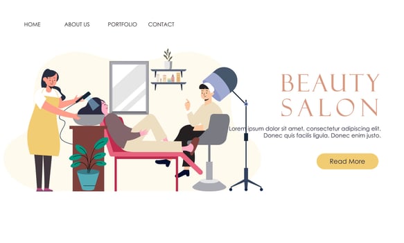 Woman in beauty salon, professional hairdresser and makeup artist people illustration. Beautiful gir vector