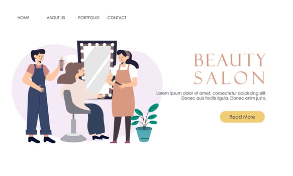 Woman in beauty salon, professional hairdresser and makeup artist people illustration. Beautiful gir vector