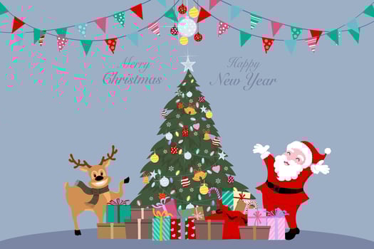 Vector drawing of Santa Claus and reindeer decorated a green pine tree for celebrate Merry Christmas and happy new year, gift boxes, lighting star, colorful ball and flag on blue background