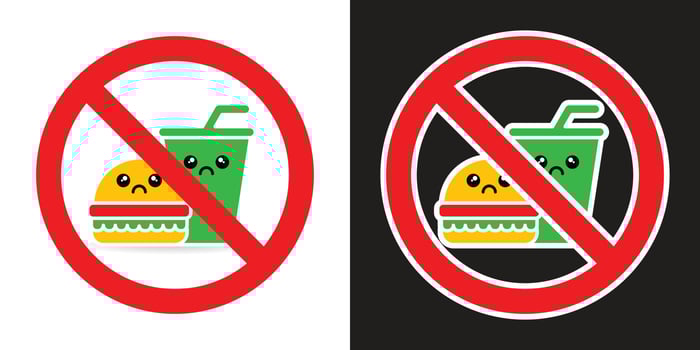 No food and drink allowed cartoon kawaii sign, isolated on white and black background. Prohibition symbol. vector