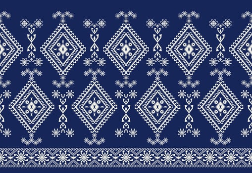 Ethnic geometric blue white pattern. Ethnic border element. Ethnic geometric diamond shape seamless pattern background. Embroidery folk pattern for fabric, textile, interior decoration element. vector