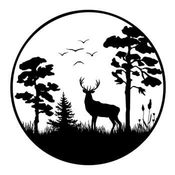 A black silhouette of a deer standing among the trees on the grass. Vector illustration of a forest with pine tree in circle.