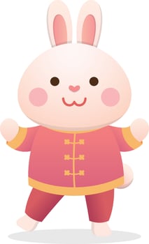 Chinese lunar new year with cute rabbit character or mascot, traditional chinese dress, design for the year of the rabbit, vector cartoon style