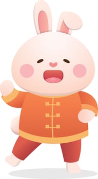 Chinese lunar new year with cute rabbit character or mascot, traditional chinese dress, design for the year of the rabbit, vector cartoon style