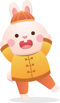 Chinese lunar new year with cute rabbit character or mascot, traditional chinese dress, design for the year of the rabbit, vector cartoon style