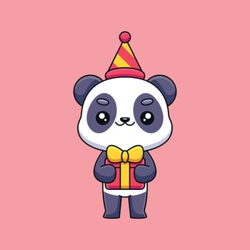 cute birthday panda cartoon mascot doodle art hand drawn concept vector kawaii icon illustration