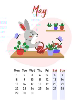 May 2023 calendar. The hare is watering flowerpots. Flat vector illustration.